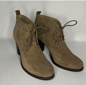 Nicole Suede Tan Heel Almond Toe Ankle Booties Women's Size 7.5M 3.5 Inch Heel